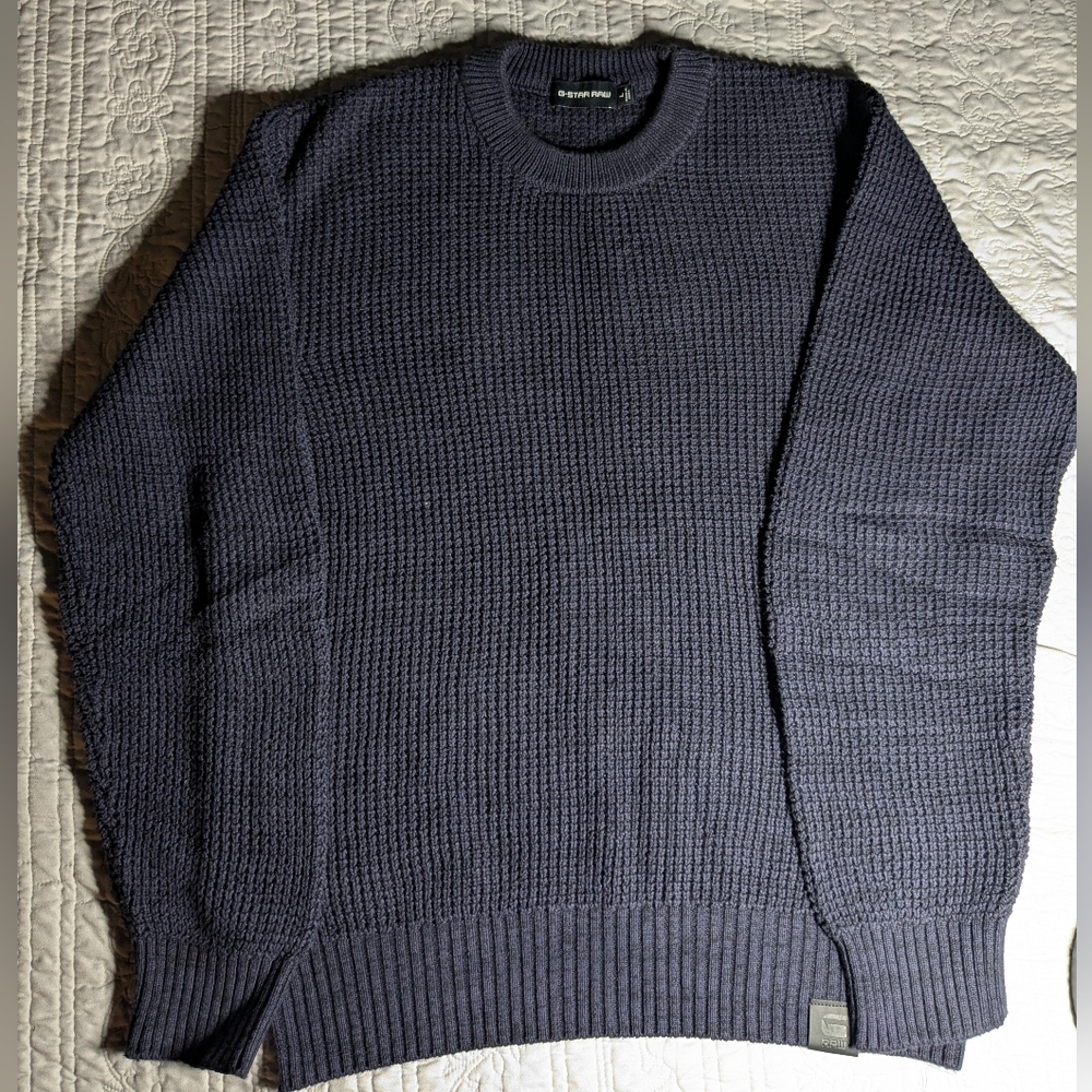 G-Star Blue Crewneck Sweater with Ribbed Knit and Long Sleeves